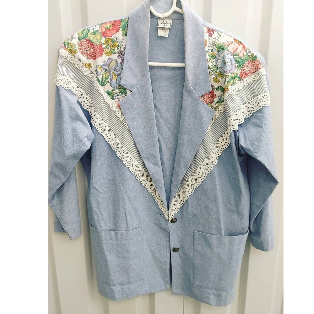 Vintage Eva Jacket Chambray Lace Floral Textile Brass Buttons Sz 9/10